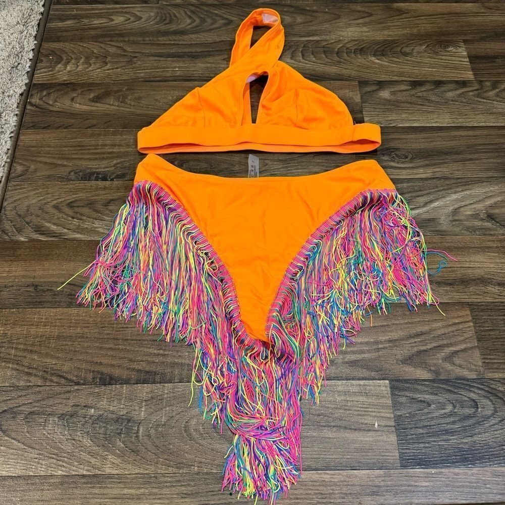 Neon fringe orange bathing suit